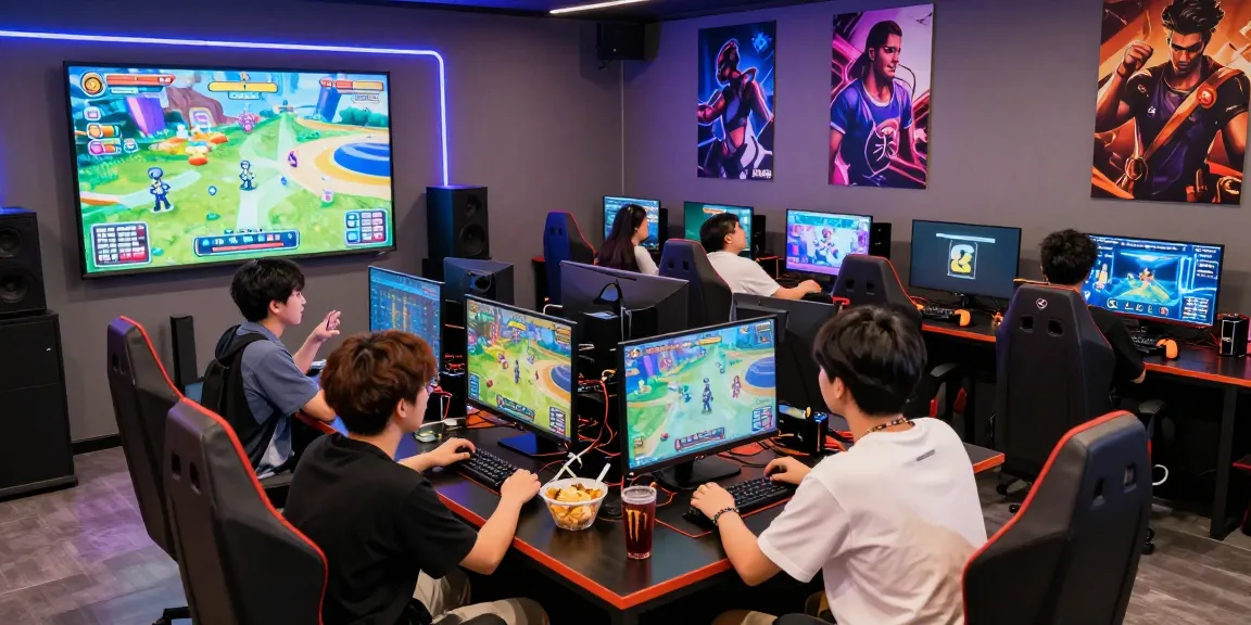 Group of gamers enjoying Cika4D platform games in a lively gaming lounge, surrounded by vibrant decor and equipment.