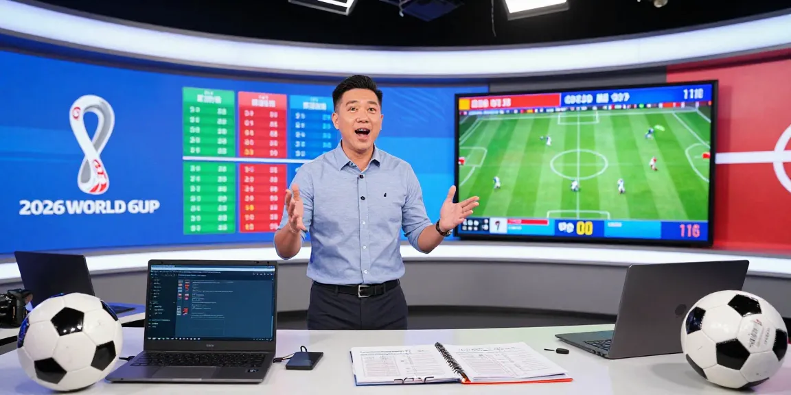 Prediksi piala dunia 2026 dalam studio analisis olahraga dengan grafik dan bola sepak.